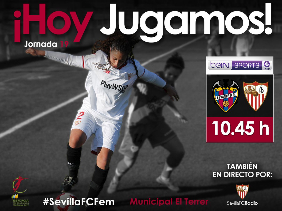 SevillaFC_Fem's tweet photo. 📣 ¡Hoy jugamos!
🆚 @LUDfemenino
🕙 10.45h 
📍 Ciudad Deportiva de Buñol
📻 #SFCRadio
📺 @beINSPORTSes LaLiga
📱 @SevillaFC_Fem

#LigaIberdrola #SevillaFCFem https://t.co/yBFu6L4Eiw