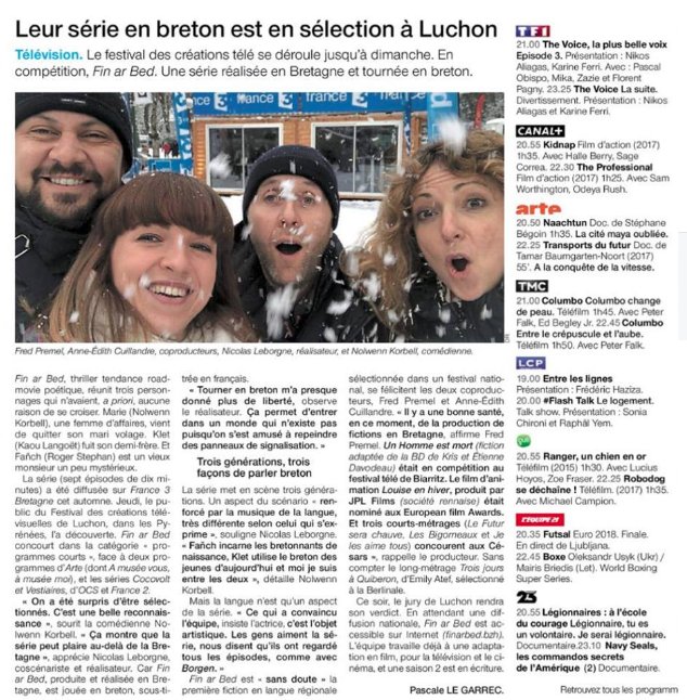 En attendant la remise des prix du <a href="/FestivalLuchon/">Festival de Luchon</a> ce soir, belle chronique de la série <a href="/finarbed/">Fin ar bed</a> dans <a href="/OuestFrance/">Ouest-France</a>, merci <a href="/pascalelegarrec/">Pascale Le Garrec</a> !