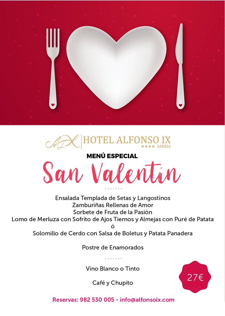 AlfonsoIXSarria's tweet photo. 🎁💘MENÚ ESPECIAL SAN VALENTÍN💘🎁
¡Sorprende a tu pareja con una cena romántica!
Se acerca San Valentín y ya tenemos preparado el menú para el miércoles 14 de febrero.

👉 Reservas: 982 530 005 - info@alfonsoix.com https://t.co/3NktHjRV0h