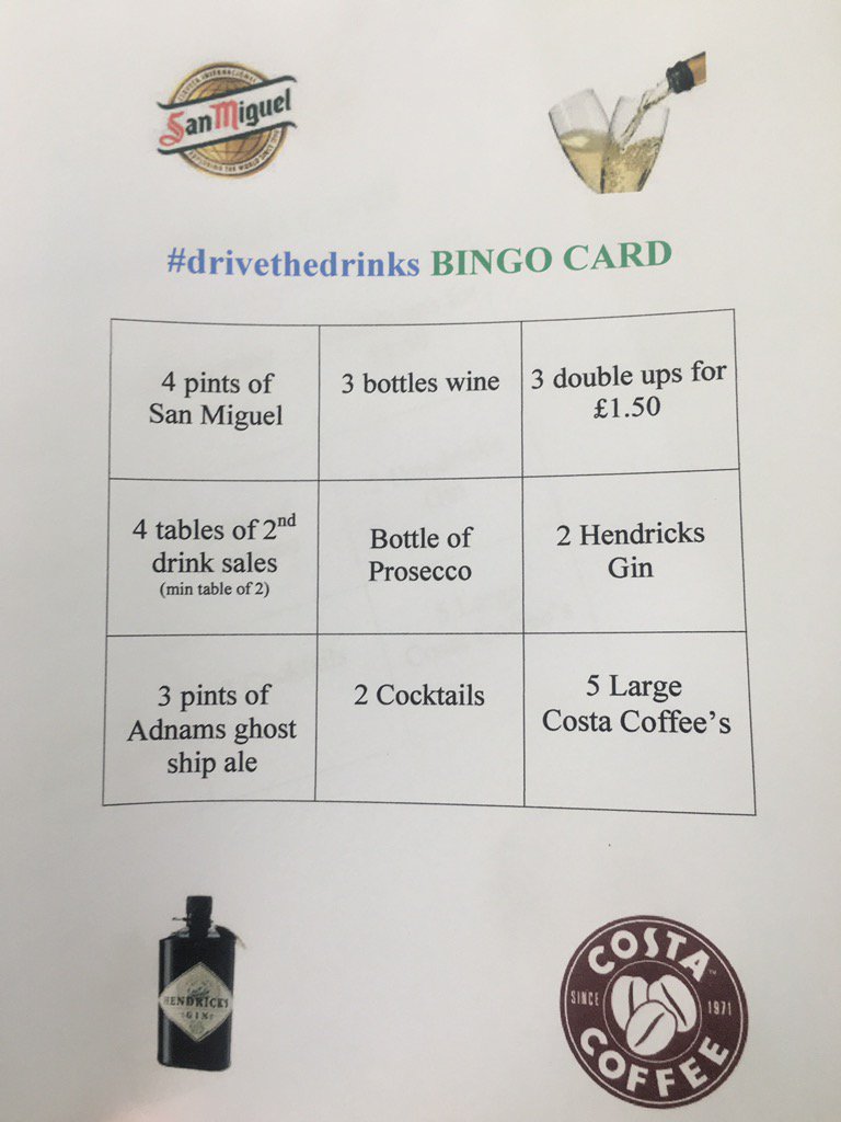 #drivethedrinksweek also today we are doing a bingo card challenge! Let's get selling <a href="/SteveAdamsTT/">Steve Adams</a> <a href="/StaplesClaire/">claire staples</a>