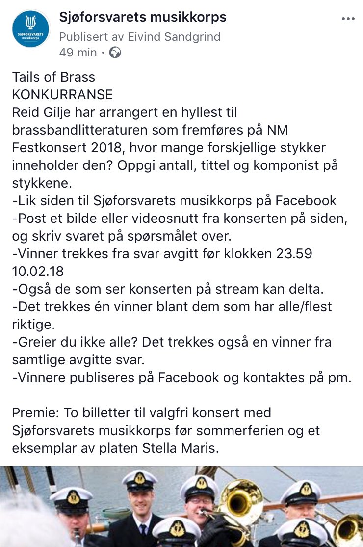 Velkommen til festkonsert under #nmbrass kl 2045! Delta også i vår KONKURRANSE på Facebook: hvem kjenner igjen flest brassbandklassikere i <a href="/reidgilje/">Reid Gilje</a> sin nye genistrek Tails of Brass? Lik vår Facebook-side m.facebook.com/SjoforsvaretsM… og bli med! <a href="/NMFkorps/">NorgesMusikkorpsForbund</a> #nmbrass2018
