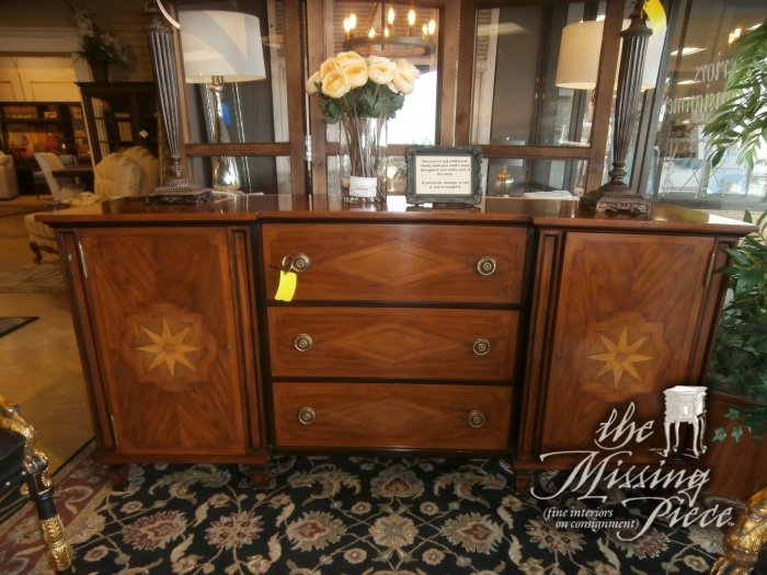 ConsignmentTMP's tweet image. Theodore Alexander #parquetry and# marquetry buffet with rectangular top above frieze drawers with 2 doors and 3 drawers and flanked by turned #pilasters. Inspired by a 19th century Italian original. qoo.ly/m98gd
