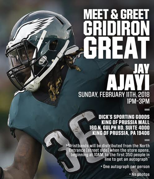 Meet a champion this weekend! Visit <a href="/DICKS/">DICK'S Sporting Goods</a> on Sunday to meet Philadelphia <a href="/Eagles/">Philadelphia Eagles</a> running back, Jay Ajayi (<a href="/JayTrain/">finesse</a>)!