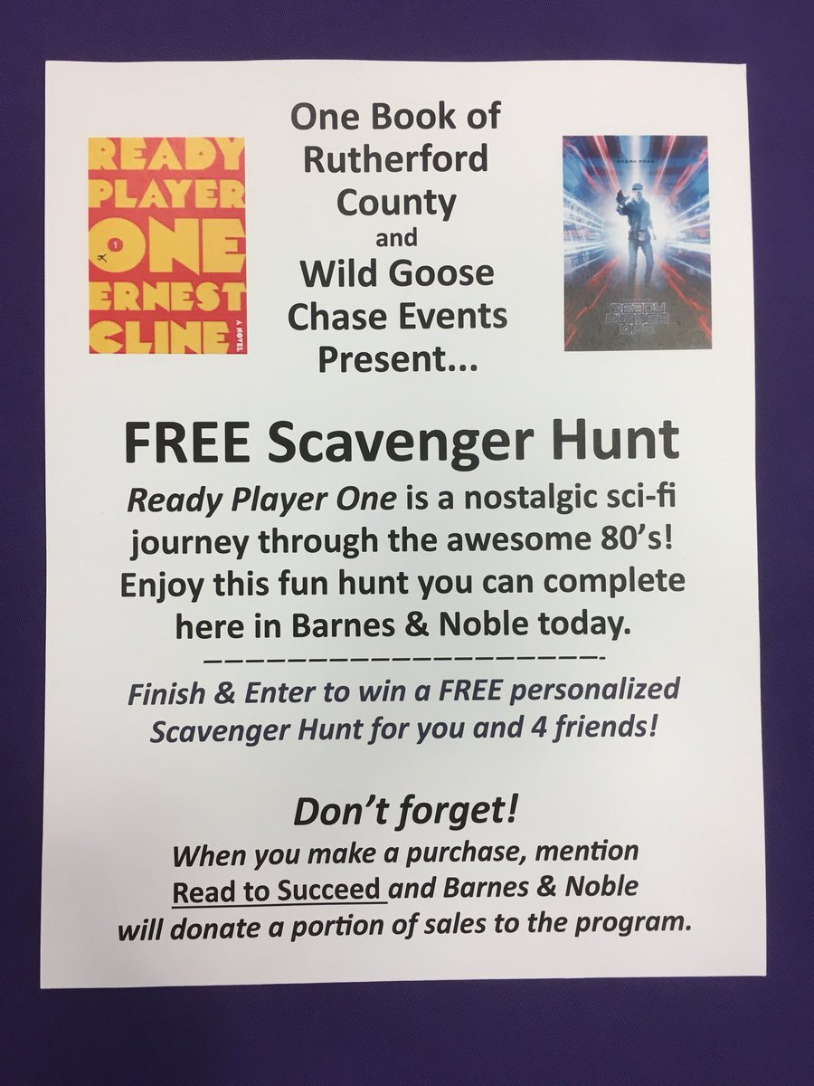 Come out to @BNMurfreesboro To help promote literacy in Rutherford County! Ready Player One is the book to read and we have a scavenger hunt thanks to Wild Goose Chase Events <a href="/readtosucceed/">Read To Succeed 📚</a>