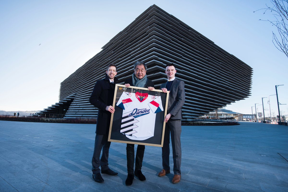 DundeeStars's tweet photo. We were delighted to present our @VADundee-themed Scottish Cup jersey to world-renowned architect Kengo Kuma yesterday morning! 

We teamed up with @dundeeuni's @lhhhh_ to design the limited edition shirts! 

👉 https://t.co/CXozS0ExPL

#COYS https://t.co/xvtb824p3K