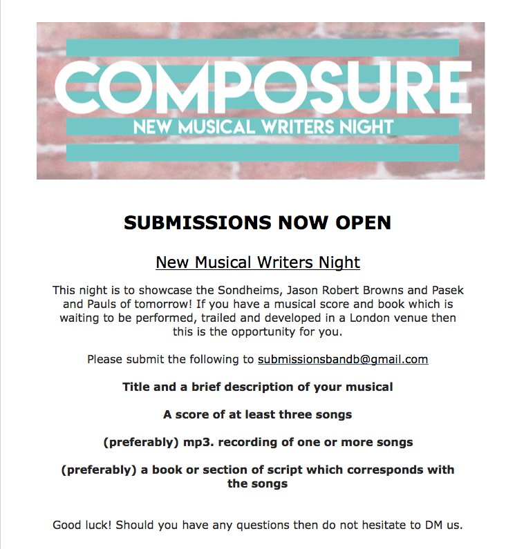 Calling all composers and lyricists! 
Looking to showcase your new musical in a London venue? Submit now!
.
.
.
.
#musical #music #London #composer #lyrics #actors #singing #westend #theatre #comingsoon #newriting #musicaltheatre #stage #writers