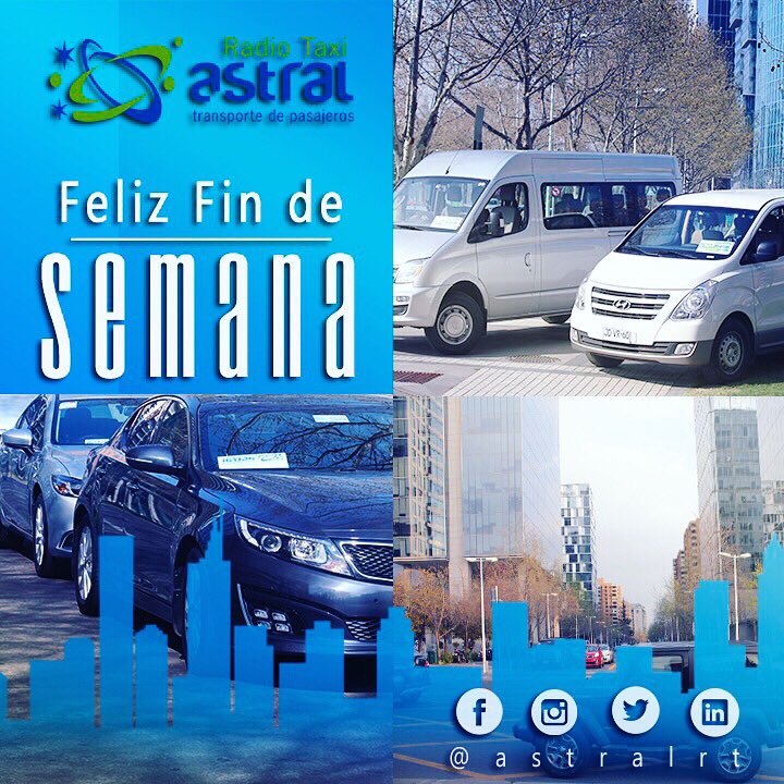 astralrt's tweet photo. Te has esforzado, es hora de un alegre y merecido Feliz Fin de Semana.
Visite https://t.co/vRHStZrwJG y síganos en nuestras redes sociales @astralrt para que sigas disfrutando de un viaje de Seguridad y Confort.
#felizfindesemana #calidadeservicio #radiotaxi #astralrt #chile https://t.co/ZQwfctEKrM