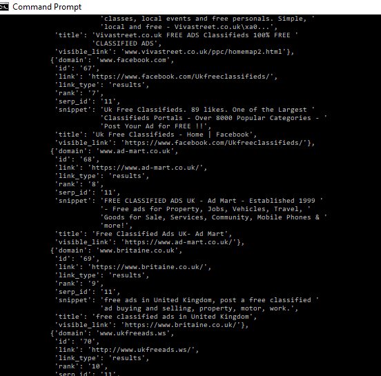 SEOTrafficHack's tweet image. #GoogleScraper #MarketersDream #PythonSEOProductivity
Tested search "free classifieds in UK" (Marketer' dream) bring results su cmd or you can export to  #json or #csv files.  Seems will be helpful.