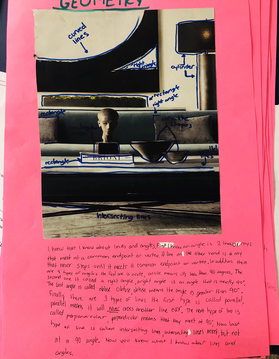 KristinBuholtz's tweet image. We identified elements of #geometry in everyday items and wrote what we know. #writingacrosscontent #makemathreal #KidsDeserveIt @hugheselem #grow4th