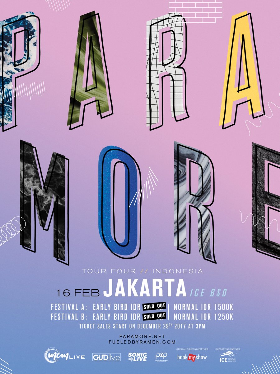 TraxJKT's tweet photo. Make it a night you wont forget! Let's sing along with @paramore at PARAMORE TOUR FOUR Indonesia, February 16th 2018! Book your tickets now at https://t.co/i412vDYisl #Paramore2Jkt #MCMLive #GUDLive #SonicLiveAsia #POP https://t.co/K6Mb9g085r