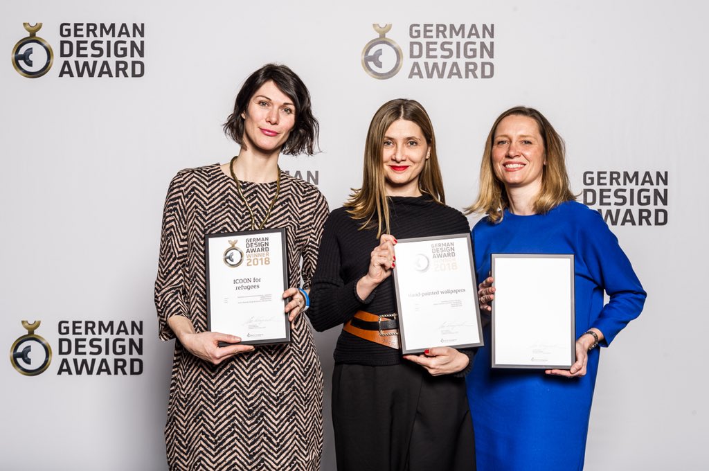 icoonbook's tweet photo. Receiving the 3 German Design Award Winner 2018 prizes in Excellent Product Design - Home Textiles &amp; Accessoires and Excellent Communications Design - Editorial Design AND Universal Design #GermanDesignAward for #icoonforrefugees and handpainted #wallpaper #design #award #GDA2018 https://t.co/uvNHCpumHe