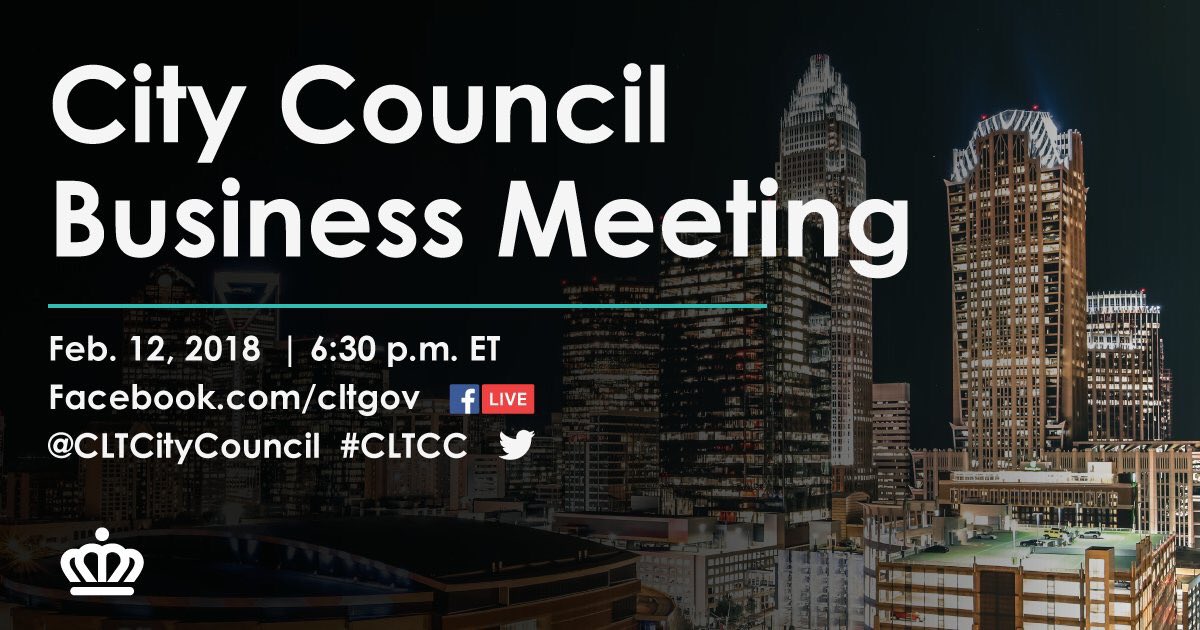 Agenda for the Feb. 12, 2018, @CLTMayor and @CLTCityCouncil Business Meeting: goo.gl/nChZXJ Watch the full meeting on Facebook Live: facebook.com/cltgov