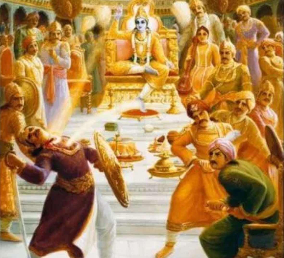The poem narrates how Krishna sets out to do battle with the terrible king, and defeats him.In the Mahabharata, this happens at a feast.