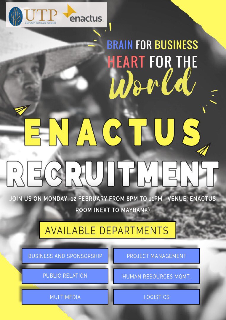 Enactus in UTP is back! We are going to do a recruitment drive this upcoming Monday, Feb 12th. 
Venue: Enactus Room, next to Maybank. 
Register now at goo.gl/forms/ZbyeQ4JH…  
For further inquiries, 
Contact: Famira, 0164444103