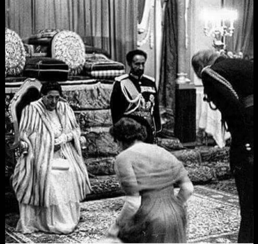 Queen Elizabeth and Prince Philip bow before the real original royalty Empress Menen Asfew and her husband Emperor Ras Tafari Makonnen Woldemikael Haile Selassie 1 of Ethiopia. They have never bowed before anyone else other than the Lion of Judah #leadership