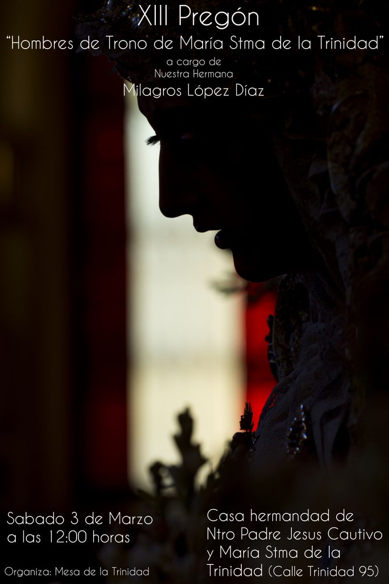 Un año más queremos invitaros a todos a pasar un buen rato en torno a María Santísima de la Trinidad. El cartel será obra de @sergiolop76 con pregón  de <a href="/MilaLD2/">Mila</a> Nos acompañará nuestra <a href="/Banda_Trinidad/">Trinidad Sinfónica</a> y entregaremos la #HuellaTrinitaria como cada año. #cofradiasmlg