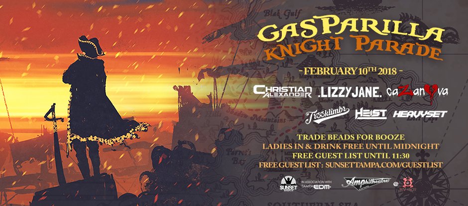 theritzybor's tweet photo. After tonight's #Gasparilla Knight Parade, trade your beads for booze &amp; continue the party w/ @DJ_CAlexander #LizzyJane + more at #AMPD Saturdays!  

FREE guest list: https://t.co/t6g90jQ7kR https://t.co/YjWzNc8XJv