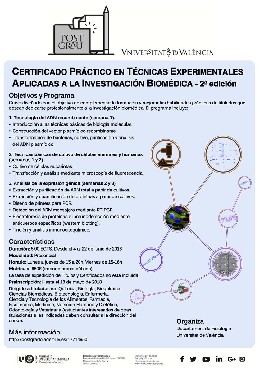 DrLitos's tweet photo. Curso de técnicas experimentales chulas en biomedicina. Para más información, acudan al amigo @SalvaMena Y se agradece difusión ¡gracias! https://t.co/z1sItmNQOr