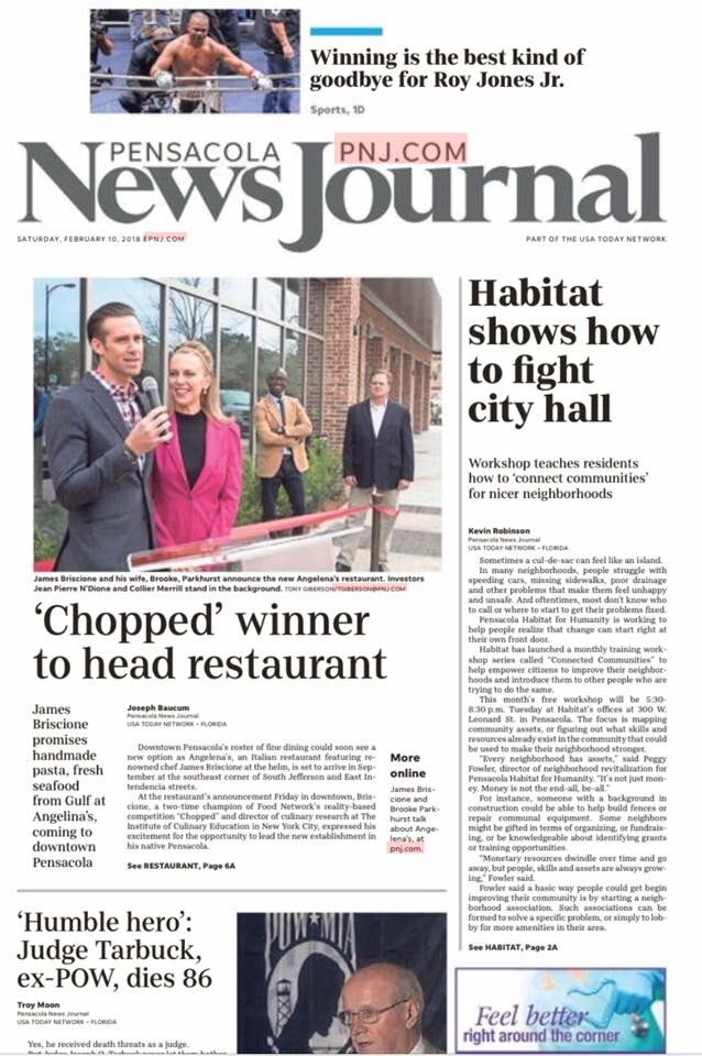 I spy <a href="/_coupleskitchen/">James & Brooke</a> <a href="/jamesbriscione/">James Briscione</a> on today's <a href="/pnj/">PNJ</a> front page👀 #FoodNetwork #Chopped #downtownPensacola