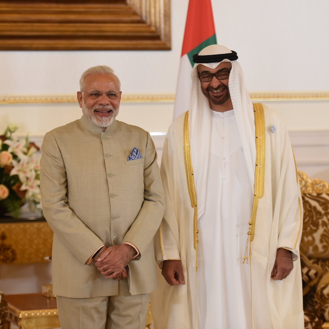 narendramodi's tweet image. Reached UAE. This visit includes a wide range of programmes which will have a positive impact on India-UAE ties. I thank HH Mohamed bin Zayed Al Nahyan for the special gesture of receiving me. @MohamedBinZayed