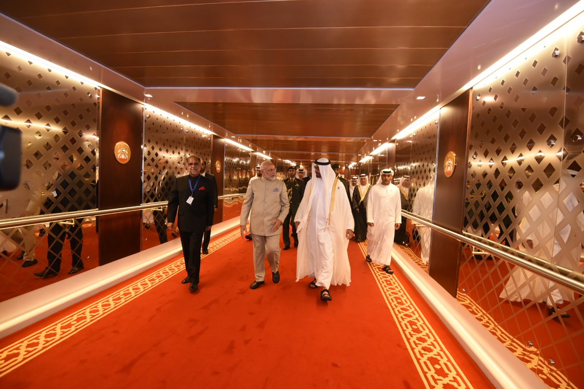 narendramodi's tweet image. Reached UAE. This visit includes a wide range of programmes which will have a positive impact on India-UAE ties. I thank HH Mohamed bin Zayed Al Nahyan for the special gesture of receiving me. @MohamedBinZayed