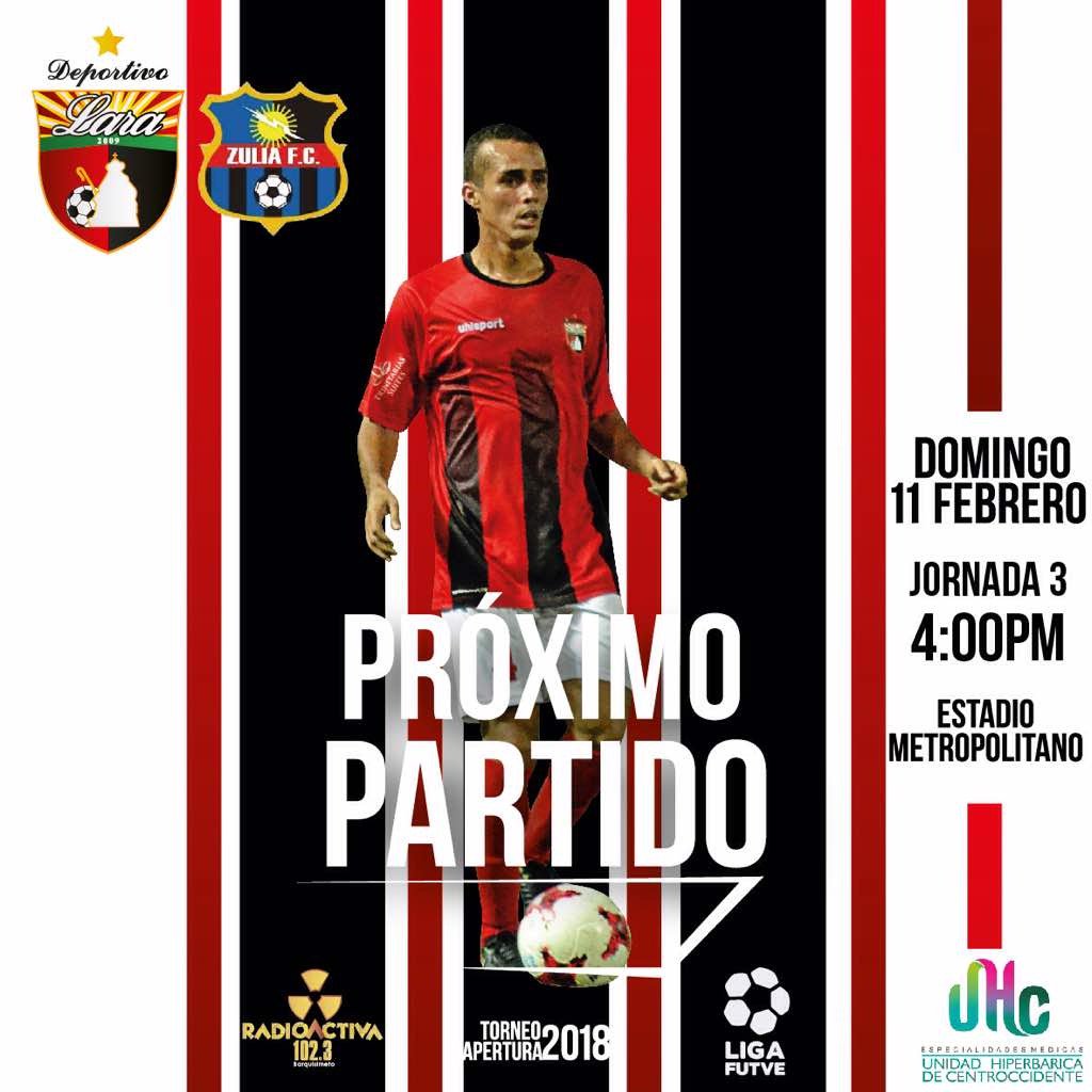 Este Domingo juega el <a href="/deportivolara/">Deportivo Lara</a>! #LigaFUTVE | 
🔥¡A ganar en casa ante el <a href="/Zulia_FC/">Zulia Fútbol Club</a>! 
| Jornada 3⚽ | 4:00pm

#Apertura2018 
#DaleDEPOR 🔴⚫