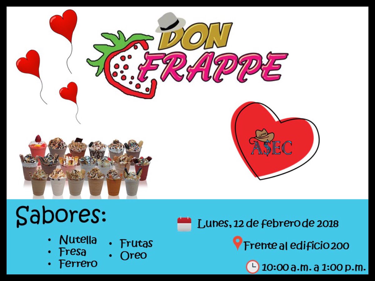asec_uprb's tweet photo. ¡Saludos miembros! 🤠

Este próximo lunes, 12 de febrero la Asociación de Estudiantes de Contabilidad les trae a Don Frappe para celebrar un anticipo del Día de la Amistad. ¡Los esperamos! 

#TeamASEC #UPRB https://t.co/ZtyQbIgTEW