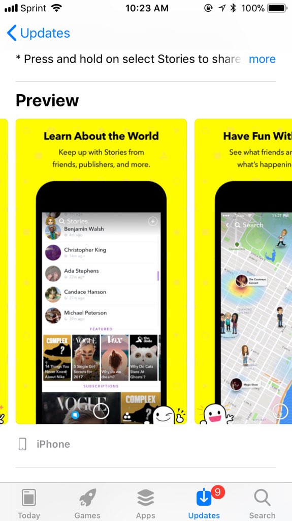 page_weaver's tweet photo. Snapchat still has the old stories on preview on the app store. This is a sign that snapchat needs to go back. #BringBackSnapchat https://t.co/XBxQXyUMTi