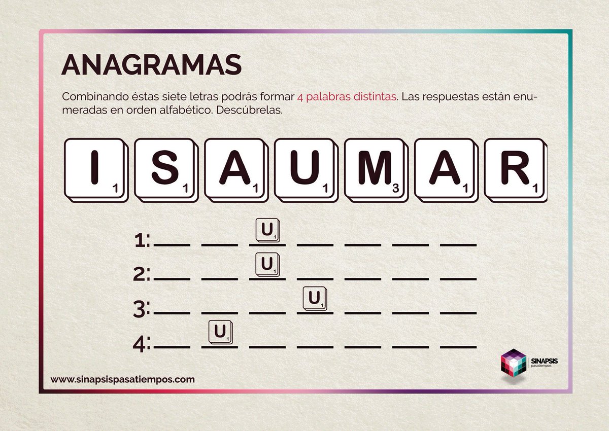 PuzTrip's tweet photo. Descubre 4 palabras combinando las letras. #Anagramas #Pasatiempos #Entretenimiento

¡Más en https://t.co/ew2sXw3z0o! https://t.co/n5C5N6y4wZ