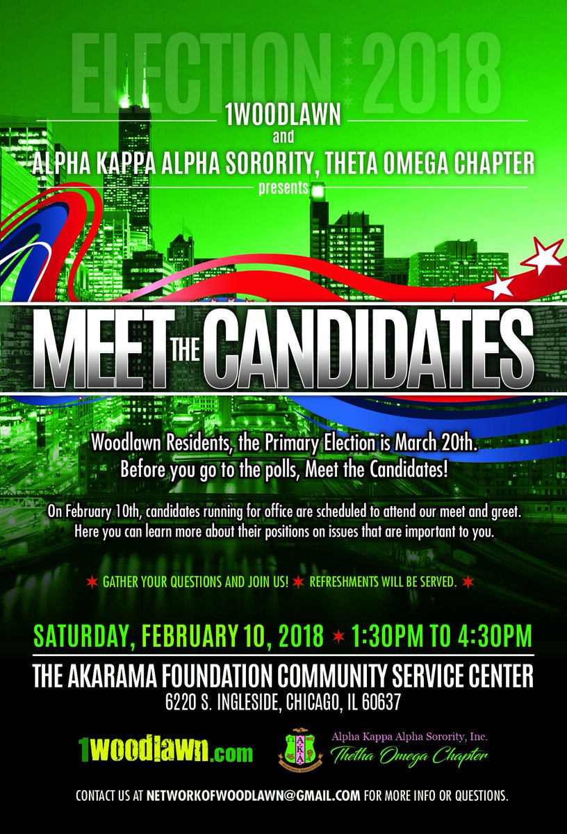 We're on for today's "Meet the Candidates" event hosted by 1Woodlawn and AKA Theta Omega Chapter! Join us from 1:30-4:30pm at the Akarama Foundation Community Service  Center, 6220 S. Ingleside. Gather your  questions and share your thoughts on what's important to you! #1Woodlawn
