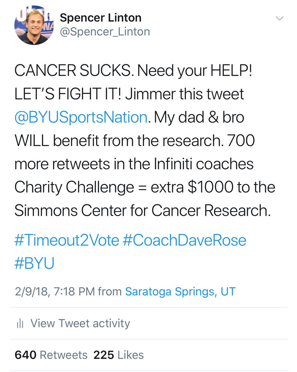 Spencer_Linton's tweet image. ALMOST TO 1,000 COMBINED RETWEETS! LET’S KEEP IT ROLLING (Please RT this)!

#BeatCancer

1000 RTs=$1000 for Coach Rose and the Simmons Center for Cancer Research. #Timeout2Vote #CoachDaveRose #contest #BYU #BYUSN