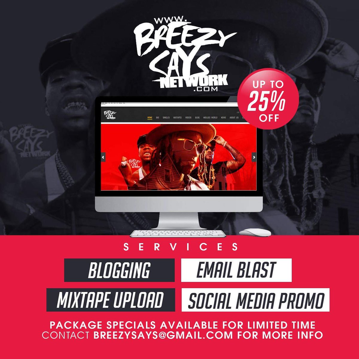 BreezySaysPromo's tweet photo. #Blogging #EBlasts #SocialMediaPromo #MixtapeUploads available now at
25% off regular price. Email BreezySays@gmail.com for info!
https://t.co/CGxvkBj2gR