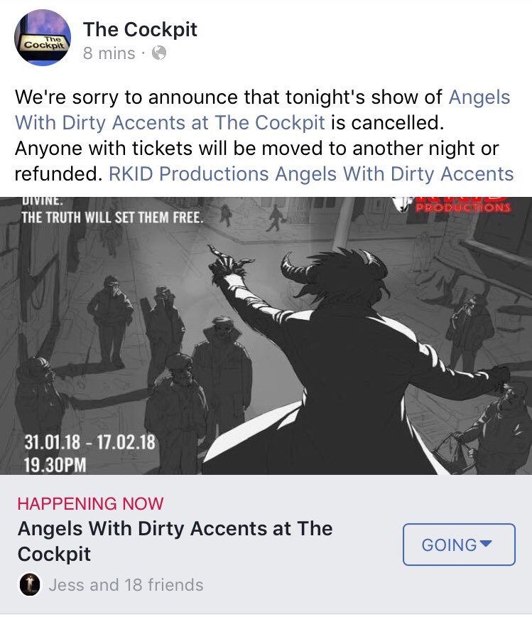 Due to unforeseen circumstances, tonight’s performance will not be going ahead. We can only apologise to those people attending tonight and hope you will choose to see this spectacular show at a later date. 

🖤 <a href="/RKIDProductions/">RKID Productions</a>