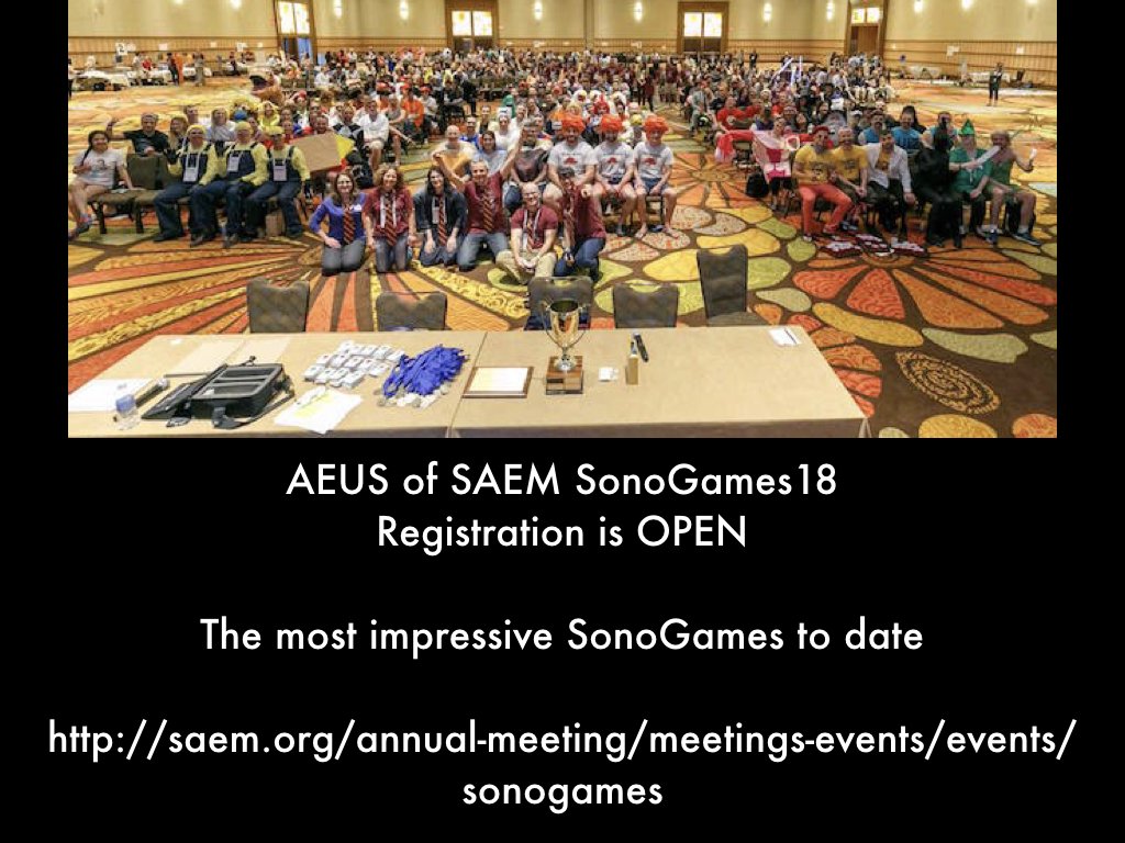 Resa E Lewiss MD (@resaelewissmd) on Twitter photo REGISTER. <a href="/SAEMAEUS/">SAEM Academy of Emergency Ultrasound (AEUS)</a> #SonoGames18 #AmazingPrizes 🦋 bit.ly/2BQI7z3 REGISTER. <a href="/SAEMAEUS/">SAEM Academy of Emergency Ultrasound (AEUS)</a> #SonoGames18 #AmazingPrizes 🦋 bit.ly/2BQI7z3