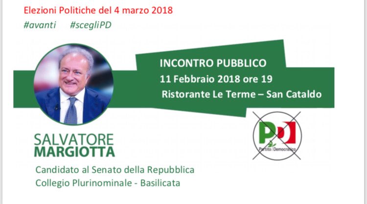vitocarlucci78's tweet photo. Domenica 11 febbraio alle ore 19 presso il ristorante le Terme di S.Cataldo, il senatore @s_margiotta, incontrerà amici, elettori e simpatizzanti. Partecipate! #scegliPD #squadrapd @maura_locantore @MarioPolese https://t.co/RtKcuCkXs5