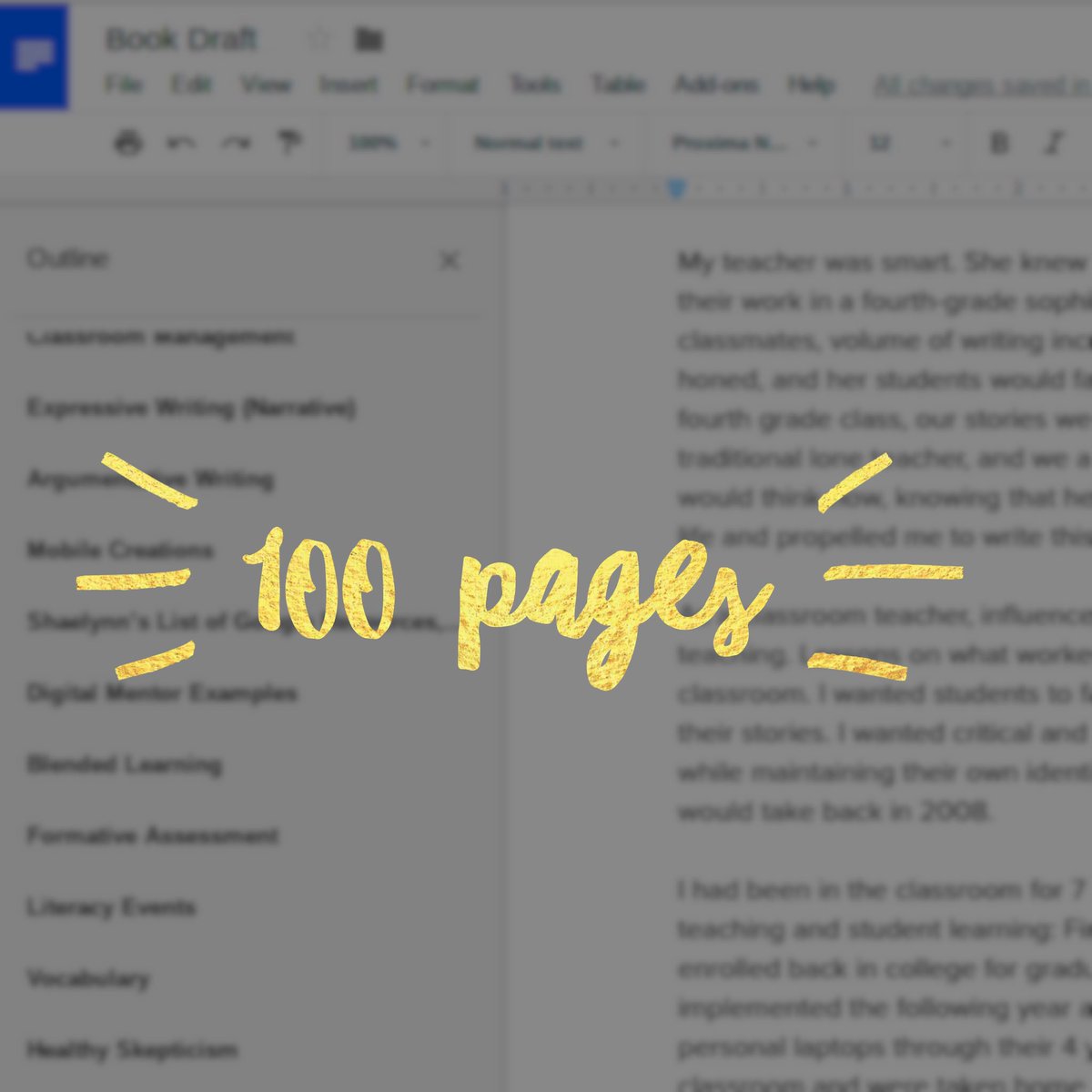 shfarnsworth's tweet photo. Goal Met::: 100 Pages
Now on to the next 100!
.
.
.
#IAmWriting #MakeLitReal #edtech #Literacy #FirstDraft #Technoliteracies #Engnology #TLAP #leadLAP https://t.co/YEWIRjbyyq