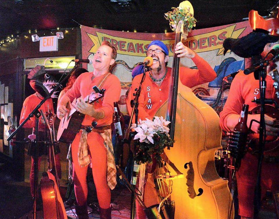DurhamMardiGras's tweet photo. Coleslaw (Blue Note Grill 8:15-9:30) started off with the traditional instruments - bass, banjo, guitar, and mandolin – but then they kept growing. They added drums, trumpet, sax and a saw. This is not your grandma's bluegrass. https://t.co/2rTLdNiVUS