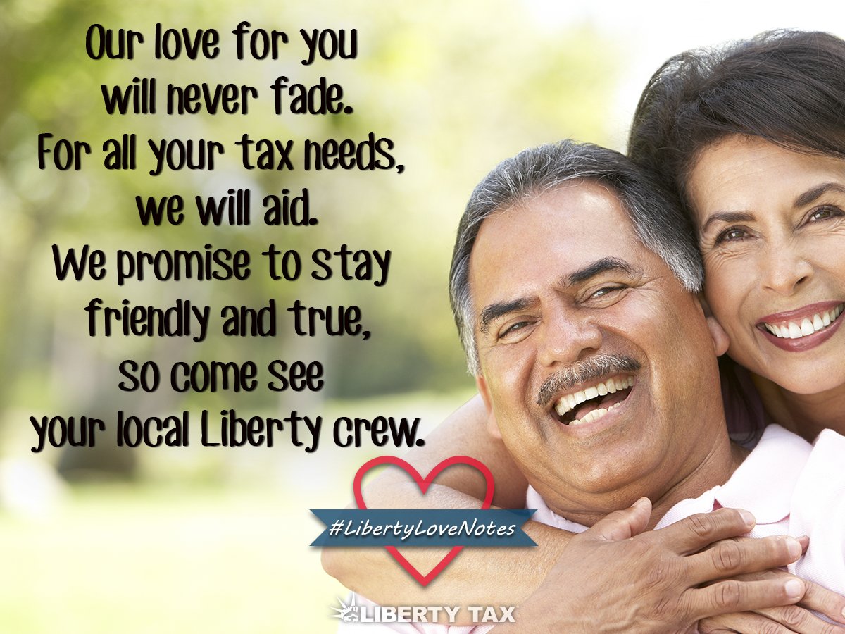 libertytax's tweet photo. Liberty Tax is your one-stop shop for all your tax needs! Our offices offer walk-ins, appointments and even drop-off services. Work late? So do we! https://t.co/kDVo8CJZ3n #LibertyLoveNotes https://t.co/4n5a68kNNP