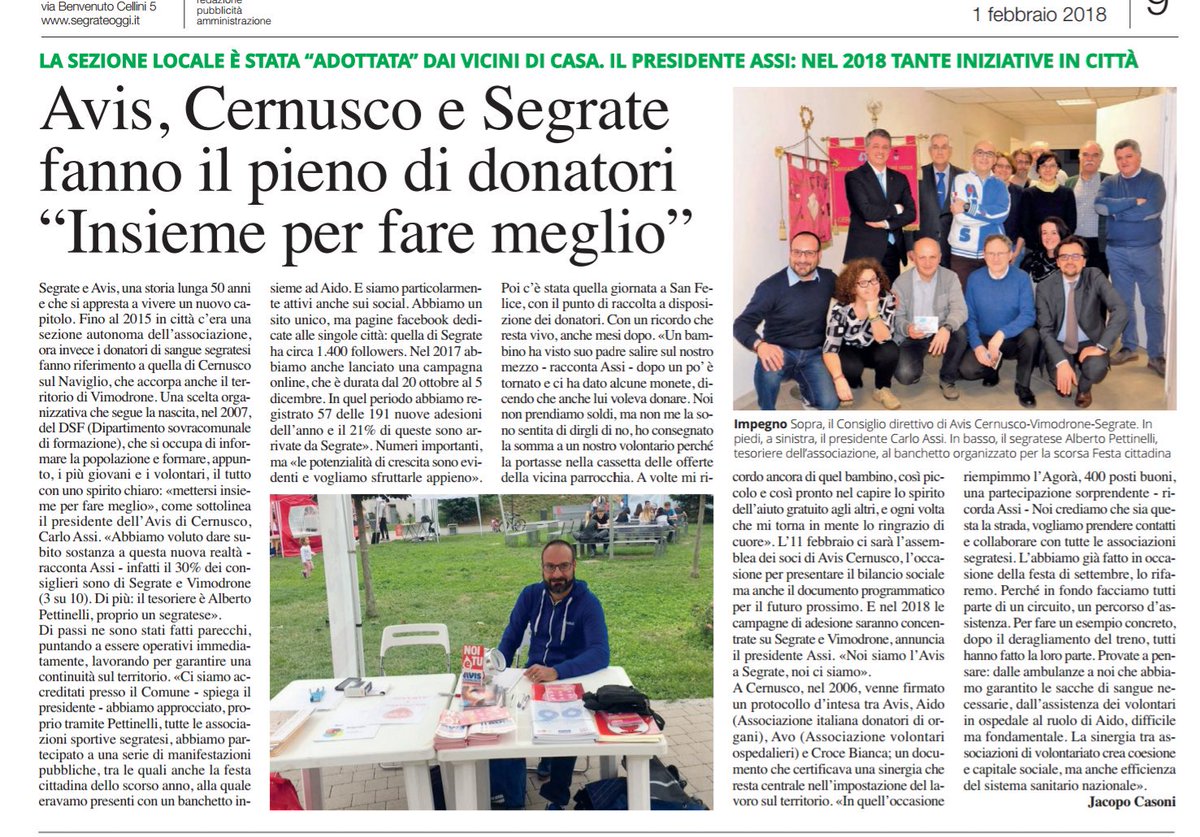 <a href="/SegrateOggi/">Segrate Oggi</a> valorizza con un articolo l'azione di #AvisCernusco a <a href="/comune_segrate/">Città di Segrate</a> 
#CheBellaAvis 
#DomaniAssemblea