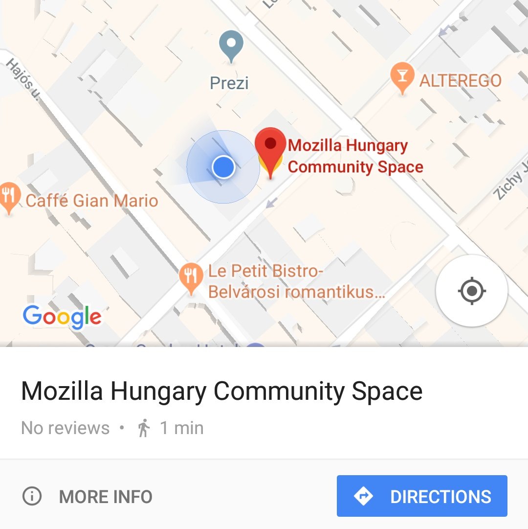 Google Maps showing the pin of "Mozilla Hungary Community Space" in Budapest