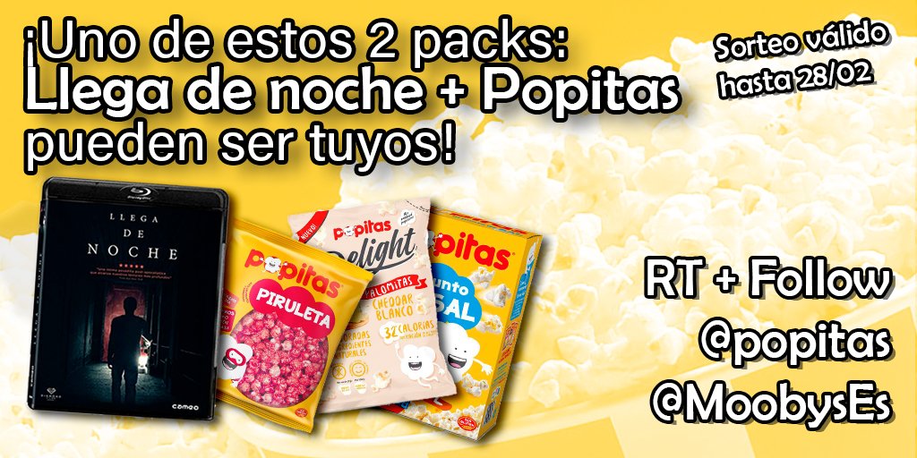 MoobysEs's tweet photo. #SORTEO

Disfruta del #CineEnCasa con este nuevo concurso. 
Sorteamos✌🏼PACKS, "Llega de noche"🎞️ + POPITAS🍿

RT + FOLLOW  

Síguenos: 
@MoobysEs 
@popitas 

Válido: España https://t.co/XTvIT7Wrfd