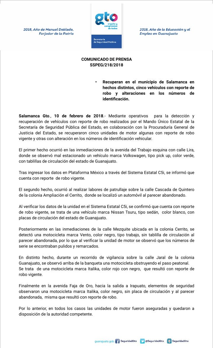 #Salamanca | Mediante operativos de detección y recuperación de vehículos robados, el #MandoÚnicoEstatal de la SSPE en colaboración con la PGJE recupera cinco, unos robados y otros con alteración en los números de identificación.

<a href="/AlvarCdeV/">Alvar Cabeza de Vaca Appendini</a> <a href="/carloszamarr/">Carlos Zamarripa Aguirre</a>