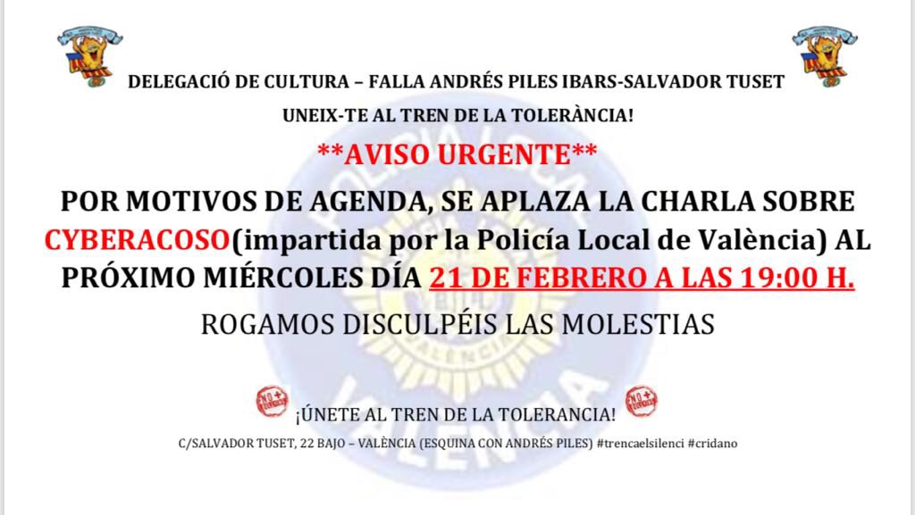 FallaAPiles's tweet image. Atencion!!! Cambio de dia de la charla de la @policialocalvlc sobre cyberacoso #stopalbullying