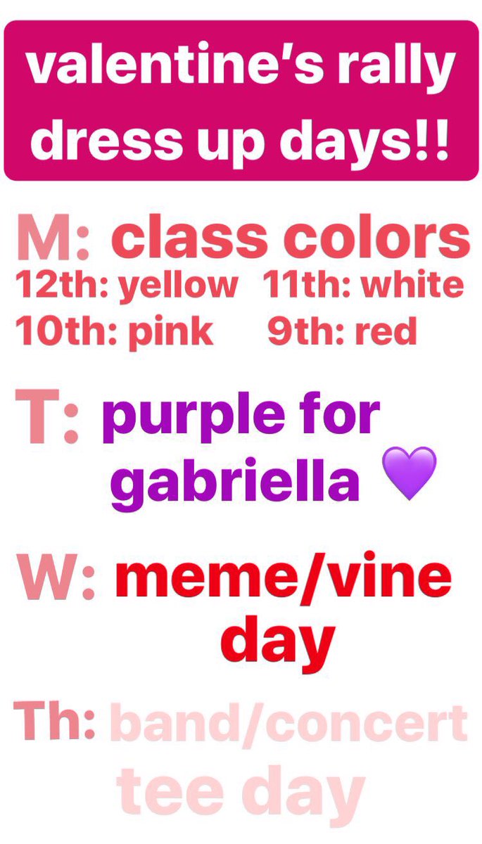 TOclassof2018's tweet image. this week’s dress up days!!! tuesday has been changed to purple to remember gabriella. rally on monday✨