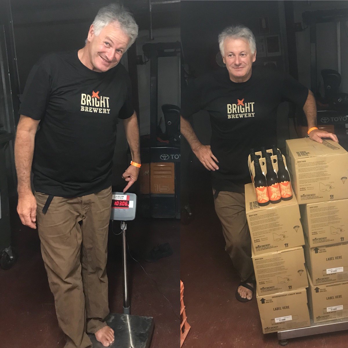 lowest2highest's tweet photo. Congratulations Bruce Baxter who won his body-weight in Alpine Ale @BrightBrewery last night for supporting our @Pozible campaign to make the @Rummin film #LowesttoHighest. The operations manager wanted him to strip down to his underwear to get him lighter than 7 and half cases! https://t.co/VvR0PqIYya