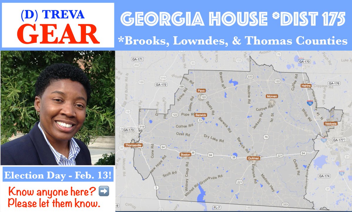 SallyDeal4's tweet photo. ❗️🇺🇸 RT for #Georgia! #SpecialElection NEXT TUES, FEB. 13❗️
🍎An award-winning teacher, Dr. @TrevaGear, is the fantastic Democratic candidate in #HD175. She's #GearedforSuccess. Let's #FlipItBlue #AtTheStateHouseToo!
#GOTV! TURNOUT IS🗝️
Info: https://t.co/5rqBeos3nv https://t.co/si62OoWVMj