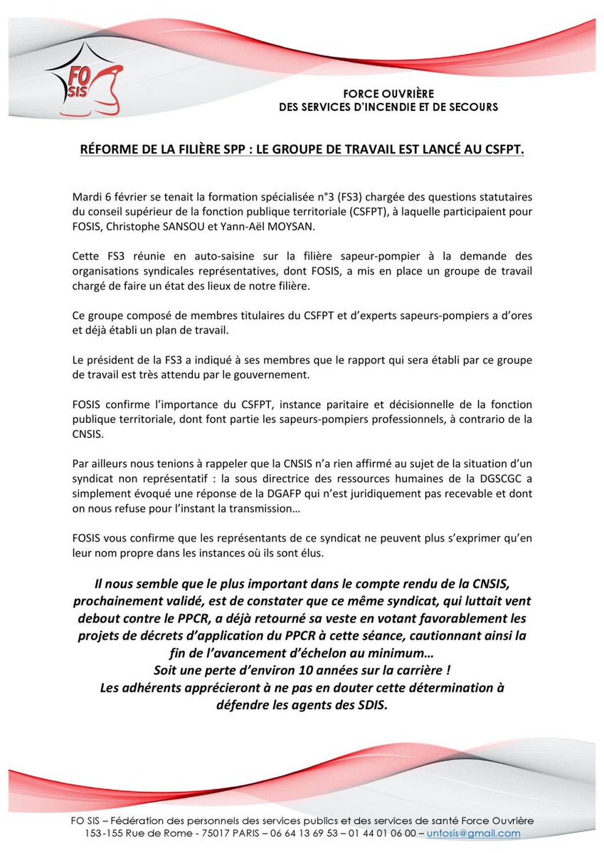 RÉFORME DE LA FILIÈRE SPP : LE GROUPE DE TRAVAIL EST LANCÉ AU CSFPT fosis.org/index.php/2018…