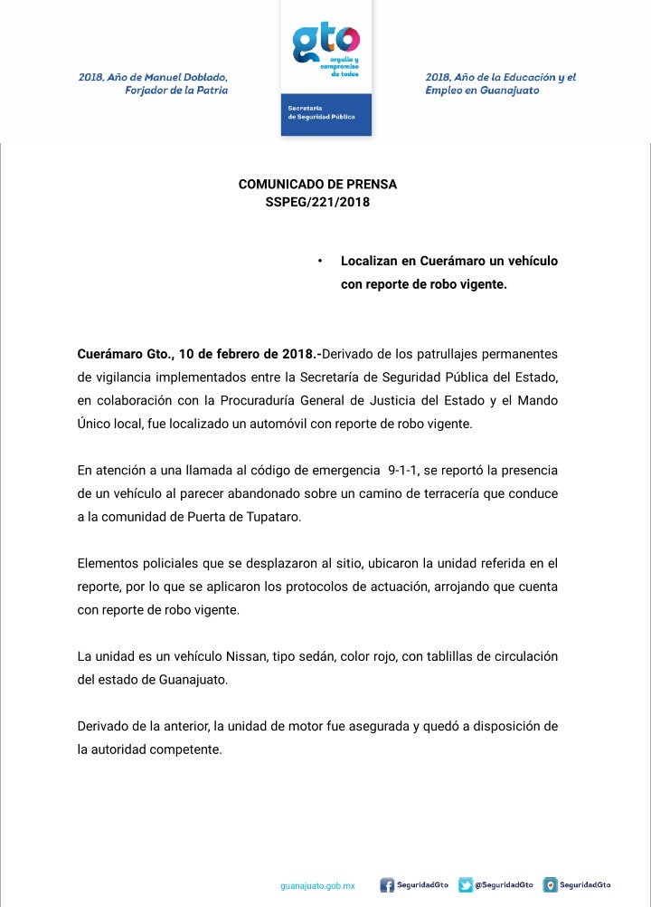 #Cuerámaro | Derivado de patrullajes permanentes de vigilancia y en atención a una denuncia ciudadana al 9-1-1, localiza <a href="/FSPE_Gto/">FSPE</a> en colaboración con la PGJE y el #MandoÚnico local, un automóvil con reporte de robo vigente. | <a href="/AlvarCdeV/">Alvar Cabeza de Vaca Appendini</a> <a href="/carloszamarr/">Carlos Zamarripa Aguirre</a>