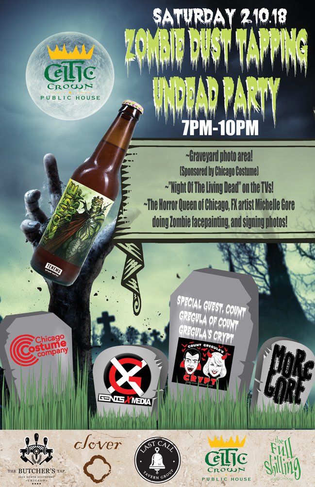 CelticCrownChi's tweet photo. Tonight! Join us for #craftbeer and an #undeadparty! #chicagoevents #chicagobeer #zombies #wherehorrorcomestodrink https://t.co/aCF0b7a0rS
