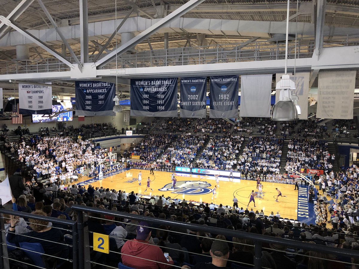 chemistry_nerd's tweet photo. It took me a while to make it to a #DrakeMBB game, but I think I chose a good one to finally go to 🤗 As always, thanks to my hubs @Sean_Ingras for letting me tag along and annoy you while you’re trying to do your job 😂 #Drakewins 71-64  #thatDRAKE 💙 https://t.co/66kHHEneRt